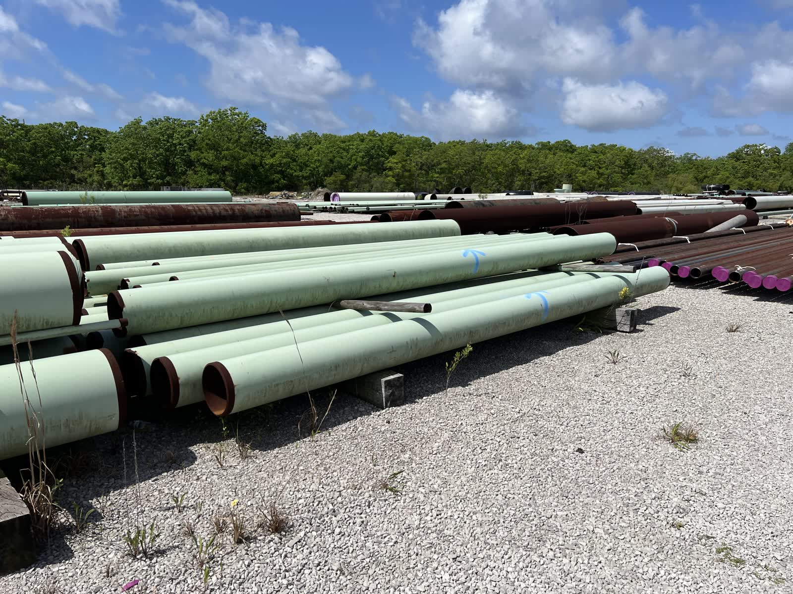 Rows of coated and bare line pipe sorted across the yard